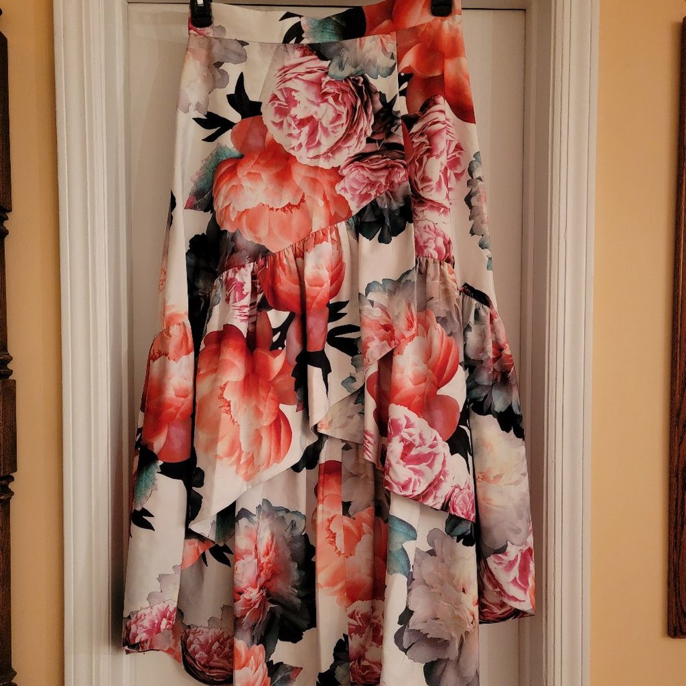 Eliza J High-Low Skirt, Multicolor Floral, Size 6